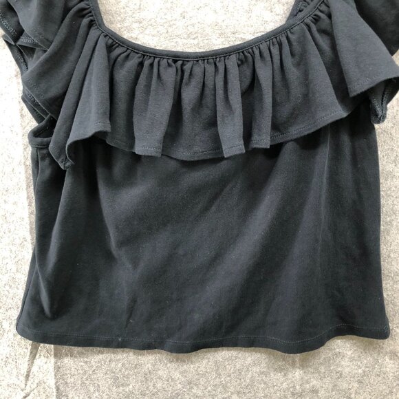 United Colors Of Benneton Off Shoulder Ruffle Top Womens XL Black Cropped - Picture 4 of 8